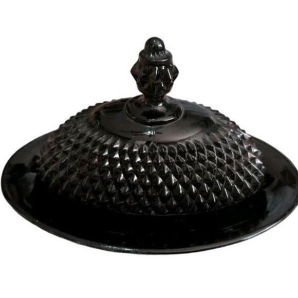 VINTAGE INDIAN BLACK AMETHYST GLASS, DIAMOND CUT COVERED BUTTER DISH - Picture 1 of 8